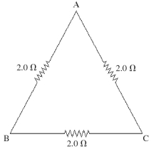 Three 2.0-Ω resistors are connected to form the sides of an equilateral triangle ABC as shown in the figure.What is the equivalent resistance between any two points,AB,BC,or AC,of this circuit?   A) 2.0 Ω B) 6.0 Ω C) 4.3 Ω D) 3.3 Ω E) 1.3 Ω
