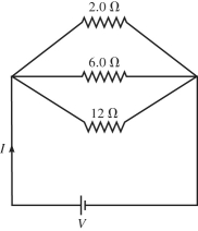 Three resistors with resistances of 2.0 Ω,6.0 Ω,and 12 Ω are connected across an ideal dc voltage source V = 2.0 V,as shown in the figure.What is the total current I through this circuit?   A) 0.70 A B) 1.5 A C) 2.0 A D) 3.0 A E) 6.0 A