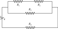  For the circuit shown in the figure,the ideal battery has an emf ε = 80 V.The four resistors have resistances of  R 1 = 14 \Omega   R _ { 2 } = 21 \Omega   R _ { 3 } = 21 \Omega  and  R _ { 4 } = 14 \Omega  Calculate the rate at which thermal energy is being generated in the resistor R<sub>4</sub>.   