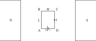  A rectangular coil,with corners labeled ABCD,has length L and width w.It is placed between the poles of a magnet,as shown in the figure If there is a current I through this coil in the direction shown,what is the direction of the force exerted on section BC of this coil?   A) perpendicular to and into the page B) perpendicular to and out of the page C) in the direction of the  \vec { B }  field D) in the opposite direction of the  \vec { B }  field E) The force is zero. 