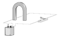 For the horseshoe magnet shown in the figure,the left end is a north magnetic pole and the right end is a south magnetic pole.When the switch is closed in the circuit,which way will the wire between the poles of the horseshoe magnet initially deflect?   A) to the right B) to the left C) upward D) downward