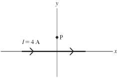  A long straight wire carrying a 4-A current is placed along the x-axis as shown in the figure.What is the direction of the  \vec { B }  field at a point P due to this wire?   A) into the plane of the page B) out of the plane of the page C) along the -x-axis D) along the +x-axis E) along the +y-axis 