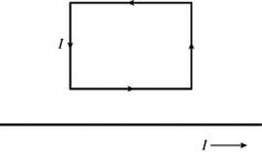 A long straight wire has a constant current through it to the right.A rectangular metal loop is situated above the wire,and also has a constant current through it,as shown in the figure.Which one of the following statements is true?   A) The net magnetic force exerted on the rectangle is upward, and there is also a nonzero torque exerted on the rectangle. B) The net magnetic force exerted on the rectangle is zero, and the net torque on it is zero. C) The net magnetic force exerted on the rectangle is downward, and there is also a nonzero torque on the rectangle. D) The net magnetic force exerted on the rectangle is zero, but there is a nonzero torque on the rectangle. E) The net magnetic exerted force on the rectangle is downward, and the net torque on it is zero.