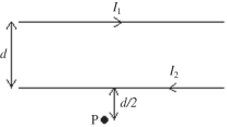  In the figure,the two long straight wires are separated by a distance of  d = 0.40 \mathrm {~m}  The currents are  I_1  = 1.0 A to the right in the upper wire and  I _2  = 8.0 A to the left in the lower wire.What are the magnitude and direction of the  \vec { B }  field at point P,that is a distance  d / 2 = 0.20 \mathrm {~m}  below the lower wire? (μ<sub>0</sub> = 4π × 10<sup>-7</sup> T ∙ m/A)   