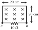  As shown in the figure,a wire and a 10-Ω resistor are used to form a circuit in the shape of a square with dimensions 20 cm by 20 cm.A uniform but non-steady  \vec { B }  field is directed into the plane of the circuit.The magnitude of the  \vec { B }  field is steadily decreased from 2.70 T to 0.90 T in a time interval of 96 ms.What is the induced current in the circuit,and what is its direction through the resistor?   A) 75 mA, from b to a B) 45 mA, from b to a C) 75 mA, from a to b D) 45 mA, from a to b E) 110 mA, from a to b 