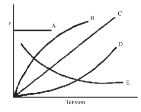Which one of the curves shown in the figure best represents the variation of wave speed v as a function of tension for transverse waves on a stretched string?   A) A B) B C) C D) D E) E