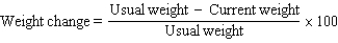 A patient has been unable to eat solid food for 2 weeks and is in the clinic today complaining of weakness, tiredness, and hair loss.The patient states that her usual weight has been around 175 pounds, but today she weighs 161 pounds.What is her recent weight change percentage? To calculate recent weight change percentage, use this formula:  