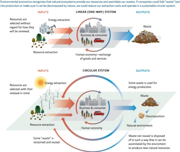 Refer to Infographic 6b.What does each figure represent?   A) a = true cost accounting; b = green business B) a = mainstream economics; b = environmental economics C) a = environmental economics; b = discounting future value D) a = service-oriented economics; b = product-oriented economics E) a = external cost accounting; b = internal cost accounting