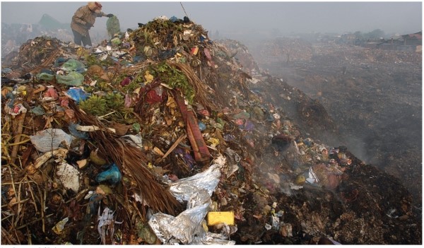 This picture shows people scavenging Cambodia's municipal garbage dump.What does their presence there imply about what has been thrown away?   