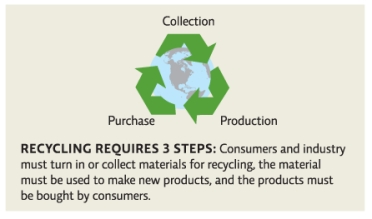 Refer to Infographic 9.What are the three required steps of recycling? Which step drives the entire process and is therefore most important?   