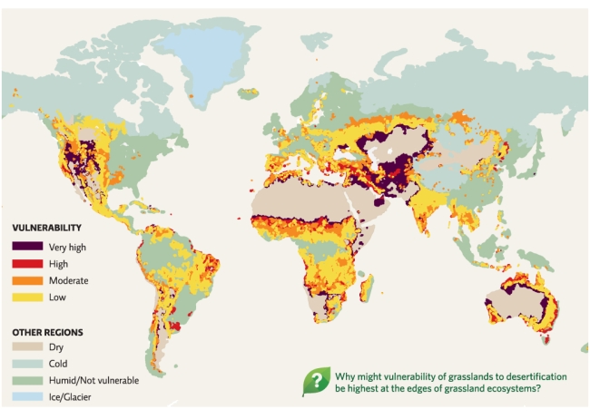 Refer to Infographic 3.Discuss three characteristics many of those areas at highest risk of desertification have in common.   