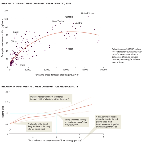 According to Infographic 2,what is the relationship between income and consumption of meat for most nations? How is Japan different? Why do you think Japan is an outlier?   