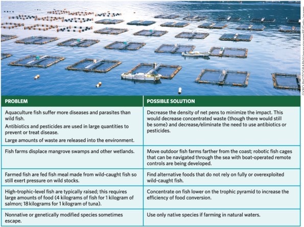 Refer to Infographic 6.Even though aquaculture may help balance fishery collapse,there are several problems associated with net pen and pond aquaculture.Select three problems and describe a possible solution for each.   