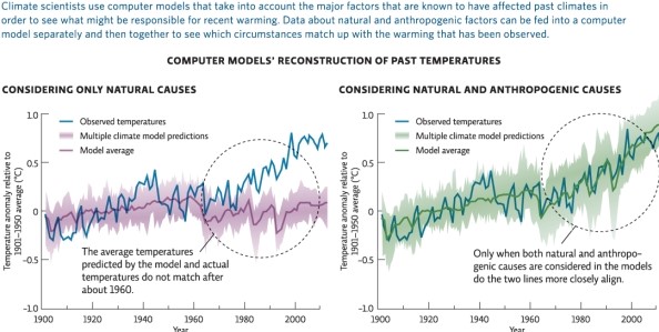 Refer to Infographic 6.What is the scientific consensus regarding the cause of the recently observed changes in global climate?   