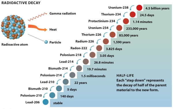 Refer to the graphic below.Why is the progression of uranium-238 to the stable lead-206 such a concern?   A) There is no guarantee that the uranium-238 will progress in this manner,so it might become something even more dangerous. B) The long length of time it takes for uranium-238 to become harmless means it is difficult to dispose of in a safe manner. C) Uranium-238 is the quickest of the radioactive elements to decay; the others are even more dangerous. D) Uranium-238 is the most reactive of the uranium isotopes and so is the most dangerous. E) Uranium-238 is the least common of the uranium isotopes and so is the hardest to find.