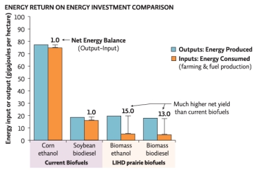 Science Literacy Use the graph below in answer the next  questions.   -The net energy balance of biomass biodiesel is _______. A) 1 B) 7 C) 13 D) 15