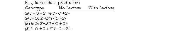 The table below lists several genotypes associated with the lac operon in E.coli.For each,indicate with a  +  or a  -  whether functional fi- galactosidase would be expected to be produced at induced levels.   I<sup>+ </sup>= wild- type repressor I<sup>- </sup>= mutant repressor unable to bind to the operator) I<sup>s </sup>= mutant repressor insensitive to lactose) O<sup>+ </sup>= wild- type operator O<sup>c </sup>= constitutive operator insensitive to repressor)