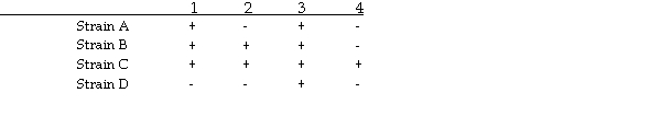 Given the accompanying table:  Supplement   Where numbers 1 through 4 indicate four supplements that must be added to sustain growth of the organism.Determine a possible metabolic pathway that would give the results seen for the four mutant strains,A through