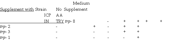 The following table presents the effect of different media on the growth response of tryptophan mutations in Salmonella typhimurium + = growth,- = no growth).   a)Construct the biochemical pathway for the compounds IGP,AA,IN,and TRY based on these data. b)Place strains of bacteria mutations)in the appropriate steps in the pathway. c)In bacteria it is often possible to make partial diploid strains.Assume that a diploid strain was made contain complete genomes of the trp- 2 and trp- 1 strains.Would this diploid strain be able to grow on the unsupplemented medium? Explain your answer.