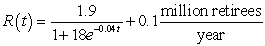 Using data from the U.S. Bureau of the Census, the model   gives the projected rate of change in the number of people within one year of retirement, where t is the number of years since 1940, for the years between 1940 and 2050. Use the equation and ten midpoint rectangles to estimate, to four decimal places, the change in the population within one year of retirement or older from the end of 2037 through the end of 2042. A)  10.0000 million retirees B)  7.6075 million retirees C)  7.5896 million retirees D)  7.6608 million retirees E)  7.6783 million retirees