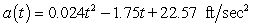 The acceleration of a race car during the first 25 seconds of a road test is modeled by   where t is the number of seconds since the test began. Assume the velocity and distance were both zero at the beginning of the road test. Calculate, to three decimal places, the average acceleration during the first 25 seconds of the road test. A)  1.150 ft/sec<sup>2</sup> B)  5.695 ft/sec<sup>2</sup> C)  19.930 ft/sec<sup>2</sup> D)  4.445 ft/sec<sup>2</sup> E)  13.680 ft/sec<sup>2</sup>