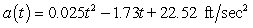 The acceleration of a race car during the first 35 seconds of a road test is modeled by   where t is the number of seconds since the test began. Assume the velocity and distance were both zero at the beginning of the road test. Calculate, to the nearest foot, the distance traveled during the first 35 seconds of the road test. A)  708 ft B)  259 ft C)  1,552 ft D)  4,558 ft E)  9,071 ft