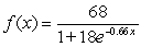 Indicate whether the function is an increasing or decreasing logistic function and identify the upper limiting value of the function   A)  The function is increasing and the upper limit is 18.00. B)  The function is decreasing and the upper limit is 18.00. C)  The function is increasing and the upper limit is 68.00. D)  The function is decreasing and the upper limit is 68.00. E)  The function is decreasing and the upper limit is 0.00.
