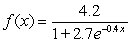 Indicate whether the function is an increasing or decreasing logistic function and identify the upper limiting value of the function   . A)  The function is decreasing and the upper limit is 2.7. B)  The function is decreasing and the upper limit is -0.4. C)  The function is decreasing and the upper limit is 0.4. D)  The function is increasing and the upper limit is 4.2. E)  The function is increasing and the upper limit is 0.0.