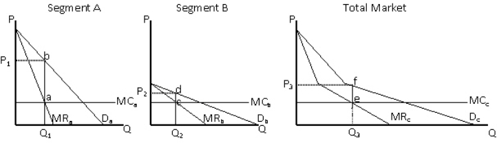 Exhibit 9-20   In Exhibit 9-20, how does market segment A differ from market segment B? A) demand is relatively more elastic in segment A than in segment B B) demand is relatively more income elastic in segment A than in segment B C) demand is relatively more income elastic in segment B than in segment A D) there are more consumers in segment A than in segment B E) demand is relatively more inelastic in segment A than in segment B