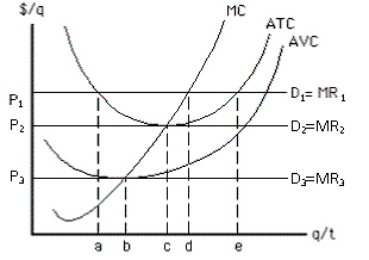 Exhibit 8-6   Consider Exhibit 8-6.At which price will this firm earn zero profit? A) P<sub>1</sub> B) P<sub>2</sub> C) P<sub>3</sub> D) P<sub>2</sub> and P<sub>3</sub> E) will never earn zero profit
