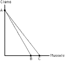 Exhibit 6-28   The rotation of the budget line in Exhibit 6-28 from AC to AB represents a(n)  A) increase in the price of clams B) increase in the price of mussels C) decrease in the price of clams D) decrease in the price of mussels E) increase in the amount the consumer can spend