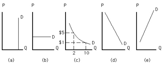 Exhibit 5-15   Which demand curve in Exhibit 5-15 is perfectly elastic? A) the curve in graph a B) the curve in graph b C) the curve in graph c D) the curve in graph d E) the curve in graph e