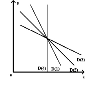 Exhibit 5-24   Refer to Exhibit 5-24.The demand curve that best illustrates how consumers will respond to a change in price over a very long time period is: A) curve D(1)  B) curve D(2)  C) curve D(4)  D) curve D(3)  E) either curve D(1) or D(4) 
