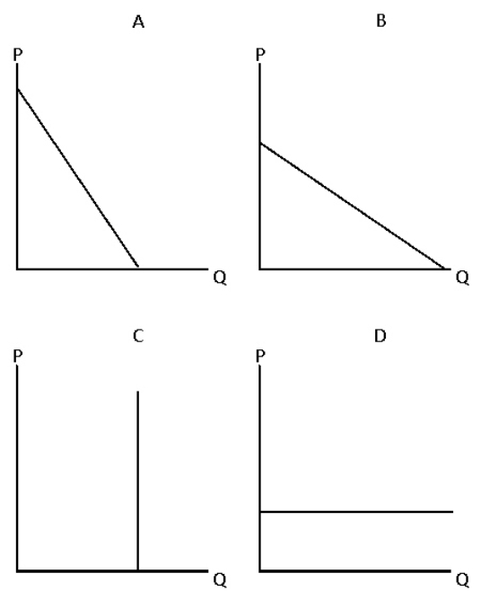 Exhibit 5-27   Consider Exhibit 5-27.Which graph depicts a perfectly elastic demand? A) Graph A B) Graph B C) Graph C D) Graph D E) both graphs A and B