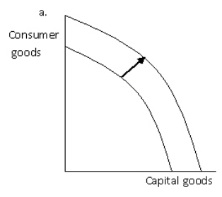 Exhibit 2-10         Refer to Exhibit 2-10.Which of the graphs best illustrates the impact on the production possibilities frontier of a dramatic increase in the rate of immigration into a country? A) a B) b C) c D) d E) b and c