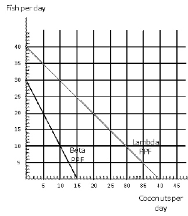 Exhibit 19-1   Exhibit 19-1 shows the production possibilities frontiers for the countries of Lambda and Beta for fish and coconuts.If the terms of trade are 1   fish per coconut, then Lambda and Beta would be able to benefit from specialization and trade.
