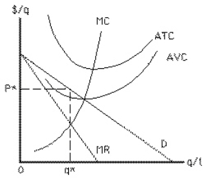 <strong>Exhibit 10-2 Consider Exhibit 10-2.If the firm is charging price P* for output q*, then in order to minimize loss in the short run, the firm should</strong> A)shut down because price is greater than average variable cost B)shut down because price is greater than marginal cost C)shut down because price is less than average variable cost D)continue to produce because price is greater than average variable cost E)continue to produce because price is greater than marginal cost
