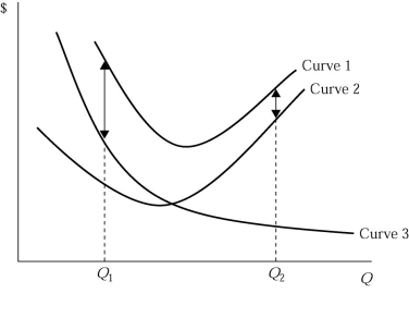   Figure 5.1 -Refer to Figure 5.1, which shows a family of average cost curves. The average variable cost at a given level of output is represented by A)  the vertical distance between Curve 1 and Curve 3 at a given level of output. B)  the vertical distance between Curve 1 and Curve 2 at a given level of output. C)  the vertical sum of Curve 1 and Curve 3 at a given level of output. D)  the vertical sum of Curve 1 and Curve 2 at a given level of output.