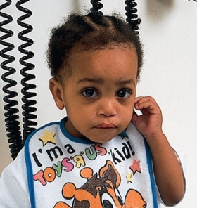 The nurse walks into an examination room and sees a young child demonstrate a specific behavior. (See image.) The nurse recognizes this behavior is most characteristic of which health problem?   A) Sore throat B) Hunger C) Otitis media D) Head cold