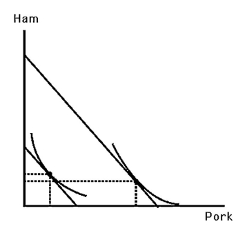   -The above figure shows Larry's indifference map and budget lines for ham and pork.Which of the following statements is TRUE? A)  Larry's Engel curve for pork will be upward sloping. B)  Larry's Engel curve for pork will be downward sloping. C)  Larry's Engel curve for pork will be backward bending. D)  Larry's Engel curve for pork cannot be derived from the information provided.