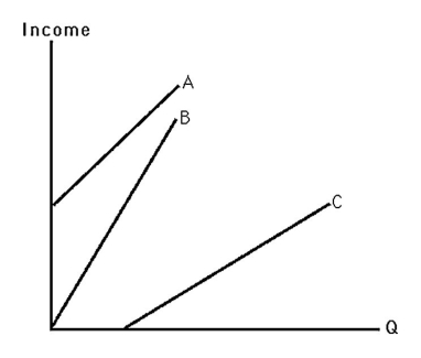   -The above figure shows three different Engel curves.Rank them in terms of income elasticity.
