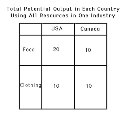  -Suppose the production possibilities for two countries,producing either food or clothing,are shown in the above figure.They can each produce any linear combination as well.Once free trade is allowed,Canada will produce A)  no clothing. B)  10 units of clothing. C)  20 units of clothing. D)  5 units of clothing.