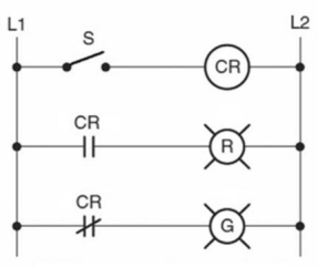 In the hardwired relay control circuit shown, when the switch is closed, CR coil is:   A) energized, and the red and green lights are both on. B) de-energized, the red light is off, and the green light is on. C) energized, the red light is on, and the green light is off. D) energized, the red light is off, and the green light is on.