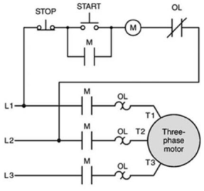 In the motor starter circuit shown, the main contacts M are:   A) part of the power circuit. B) part of the control circuit. C) designed to handle the full load current of the motor. D) both part of the power circuit and designed to handle the full load current of the motor.