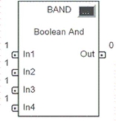 For the BAND function block shown:    A) tag name for the block is placed above it. B) 1 and 0 next to the inputs and output identifies their logical state. C) dots on the pins indicate BOOL type data is required. D) all of these.