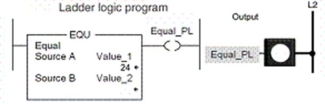 For the EQU instruction rung shown, what value(s)  stored in Source B would make the instruction logically true?   A) 24 B) 25 C) 0 to 23 D) 0 to 24