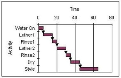 Consider the Gantt chart shown below where the time scale is in minutes and all activities are performed on an early start basis.How much slack is available in The Great Hair Washing project?   A) 10 minutes B) 15 minutes C) 0 minutes D) 5 minutes