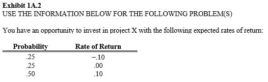  -Refer to Exhibit 1A.2. The expected return for project X is A)  0.0 percent. B)  0.5 percent. C)  2.5 percent. D)  5.0 percent. E)  7.5 percent.