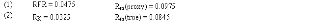 Assume that as a portfolio manager the beta of your portfolio is 0.85 and that your performance is exactly on target with the SML data under condition 1. If the true SML data is given by condition 2, how much does your performance differ from the true SML?   A)  1.33% higher B)  2.35% lower C)  8% lower D)  1.33% lower E)  2.35% higher