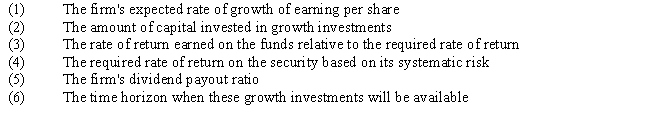 USE THE INFORMATION BELOW FOR THE FOLLOWING PROBLEM(S)     -Refer to Exhibit 9.10. In the listing above, which three factors influence the earnings multiple for a stock? A)  1, 4, and 5 B)  1, 4, and 6 C)  2, 4, and 6 D)  2, 5, and 6 E)  4, 5, and 6